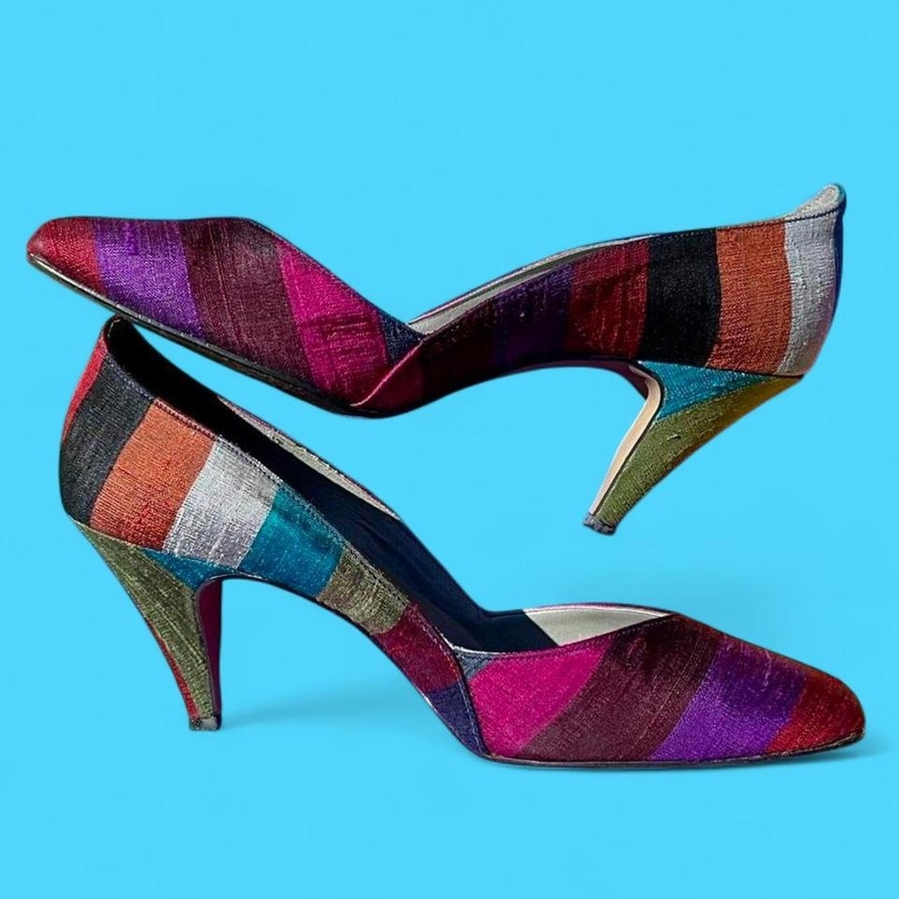 80s does 40s Marie Antoinette multicolor textured silk heels w/ pointed toe